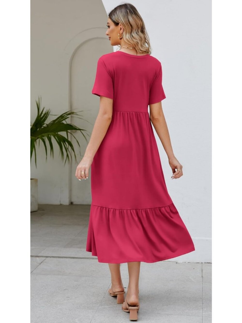 Women's Rose Stylish Sundress Short Sleeve Tiered Beach with Pockets Maxi Dress - Picture 4 of 5